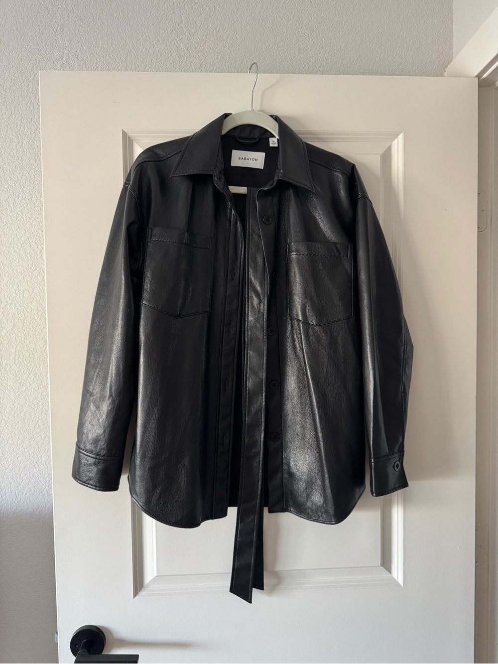 Babaton Black Faux-Leather Shirt Jacket
